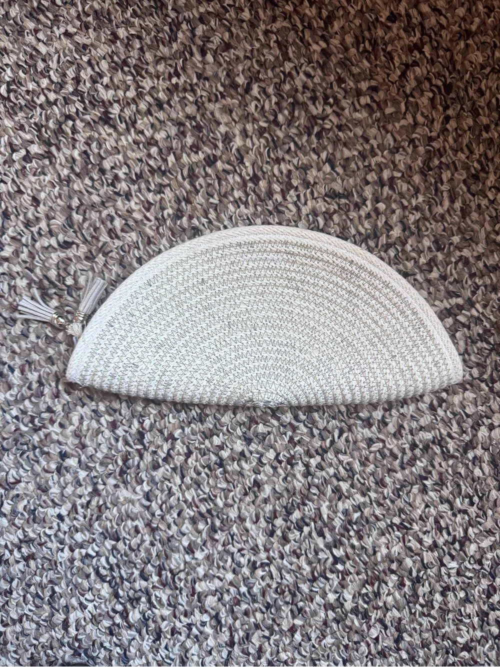 Woven Rope Half Moon Clutch Cosmetic Bag Tassel Zip Ivory Gray